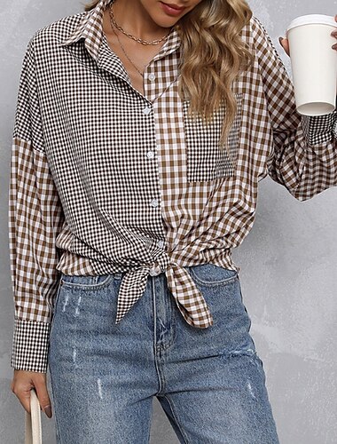  Damen Hemd Bluse Karomuster Modern Lässig Langarm Hemdkragen Normale Oberteile Täglich Ausgehen Tasche Knöpfe Purpur Braun Herbst