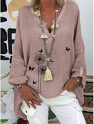  Damen Baumwoll-Leinen-Hemden Blumen Basic Lässig Langarm Hemdkragen Normale Oberteile Täglich Druck Weiß Rosa Marineblau Purpur Sommer Herbst