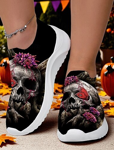 Damen-Halloween-Slip-On-Sneaker – bequeme schwarze Flyknit-Schuhe mit Vampirlippen und Totenkopf-Print für Kostümpartys, „Süßes oder Saures“ und lässige Herbstkleidung Sarah Richter