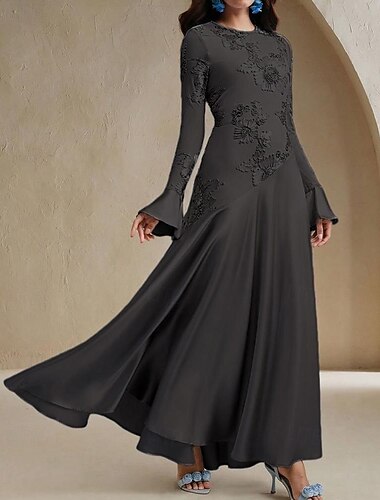  blaues Spitzen-A-Linien-Abendkleid, elegantes Kleid, formelle Hochzeit, bodenlang, lange Ärmel, Rundhalsausschnitt, Stretchmaterial 2025