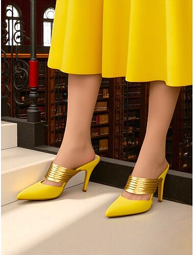  gelbe Stiletto-Pantoletten für Damen mit goldenen Spiralriemen – spitze High Heels für Partys und Abendveranstaltungen im Nachtleben
