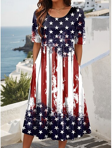  Día de la Independencia Vestido Midi Patriótico de Mujer Cuarta de Julio Vestido de Verano Vestido Plisado Vacaciones Casual Ropa Suelta Ajuste Gráfico Bandera Americana Manga Corta Cuello Redondo
