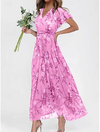  Damen Maxikleid A Linie Kleid Urlaub Lässig Boho Outdoor Ausgehen Normale Passform Blumen Kurzarm V Ausschnitt Purpur Fuchsie Orange Grau Sommer