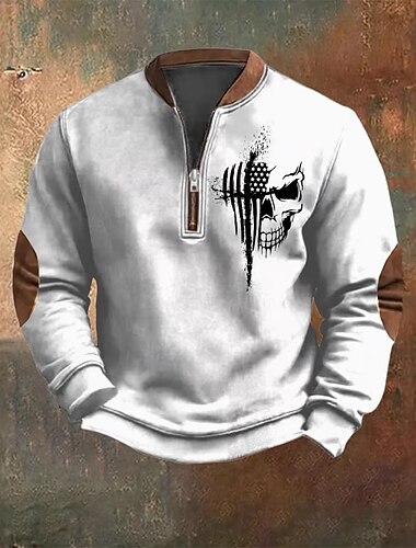  Per uomo Maglia Felpa con zip corta Nero Bianco Rosso Blu marino Grigio Mezza zip Blocco di colori Teschio Bandiera Americana Mezza cerniera Stampato Sport & Outdoor Quotidiano Ferie Poliestere