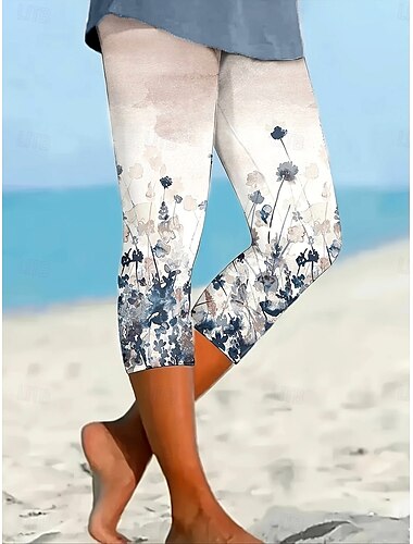  leggings קפרי לנשים עם אלסטיות גבוהה אופנת חופשה עתיקה באורך שוק מותן גבוהה הדפס פרחים גרפי הדפס דועך נושם רך אלסטי חופשה יום יומי כחול קיץ אביב