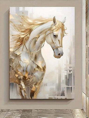  1 ungerahmtes Wandbild auf Leinwand mit goldenem Pferd – modernes, dekoratives Vintage-Gemälde mit Stadthintergrund in Weiß und Gold für Wohnzimmer oder Schlafzimmer im Western-Stil