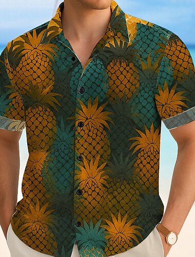  Herren Frucht Ananas Tropisch Sommer Hawaiihemd Knopfhemd Alohahemd Kurzarm Hawaiianisch Urlaub Strandbekleidung Sommer Frühling Umlegekragen 3D-Druck Hemden mit Kragen Hellkaki Blau Dunkelgrün