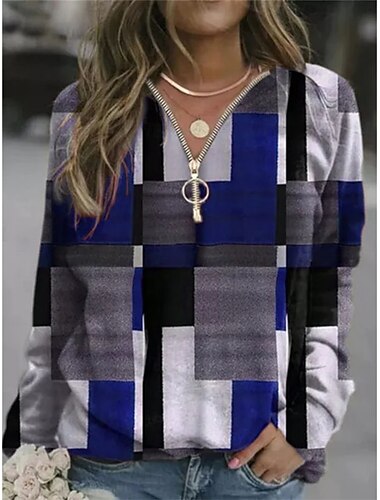  Mujer Blusa Plaid Elegante Casual Manga Larga Escote en Pico Tops regulares Diario Cremallera Estampado Rojo Azul Piscina Morado Verde Trébol Verano Primavera