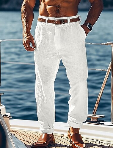  Homens Calças de linho Calças Calça verão Calças largas Perna reta Tecido Conforto Respirável Comprimento total Casual Diário Feriado Férias Moda Preto Branco