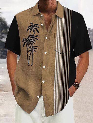  Herren Kokospalme Gestreift Sommer Hawaiihemd Knopfhemd Alohahemd Kurzarm Hawaiianisch Urlaub Ferien Strandbekleidung Sommer Frühling Umlegekragen 3D-Druck Eine Tasche vorne Leinenähnliches Hemd Khaki