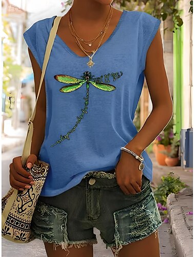  Damen T Shirt Grafik Tiermotiv Stilvoll Lässig Ärmellos V Ausschnitt Normale Oberteile Täglich Ausgehen Wochenende Druck Schwarz Weiß Blau Grün Grau Sommer Frühling