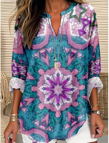 Femmes Chemise Fleuri Bohème Ethnique manche longue Col en V Hauts Réguliers Quotidien Fête Boutons Imprimé Bleu Violet Été