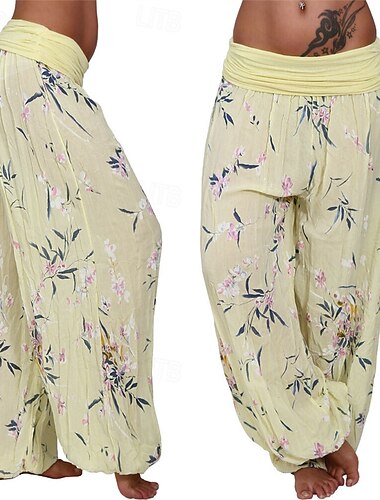  Damen Hosen Hose Haremshose Palazzo-Hose Mode Boho Volle Länge Mittlere Taille Druck Elastischer Bund Bequem Mikroelastisch Straße Alltagskleidung Ausgehen Weiß Gelb Hellgrün Rosa Sommer Frühling