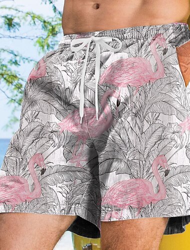  Herren Flamingo Vogel Palmblatt Badehosen Badeshorts Boardshorts Mittlere Taille Streetwear Hawaiianisch Urlaub Seitentaschen Netzfutter Elastischer Kordelzug in der Taille Designer Bekleidung