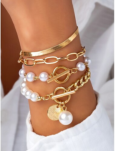  Conjunto de pulsera de cadena de oro y perlas para mujer, joyería de moda con cierre de palanca, elegante estilo en capas para niñas y mujeres, ideal para fiestas, bodas, oficina y uso diario.