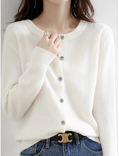  Damen Pullover Strickjacke Elegant Mode Streetwear Einfarbig Rundhalsausschnitt Tasche Gestrickt Langarm Normale Oberteile Stricken Outdoor Täglich Wochenende Schwarz Weiß Herbst Winter
