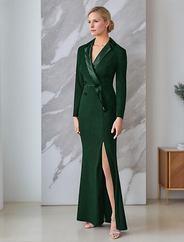  Etuikleid/Säulenkleid für die Brautmutter, Smokingkleid, elegant, schlicht, minimalistisch, V-Ausschnitt, Satin-Revers, bodenlang, Stretch-Kreppstoff, lange Ärmel mit Schlitz, 2025