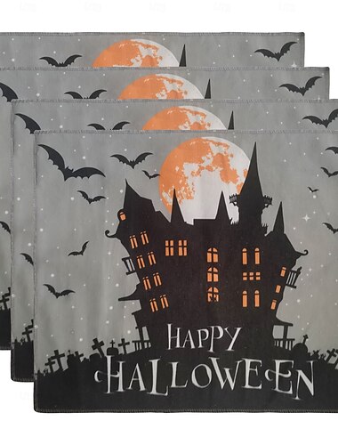  Halloween-bordsunderlägg, rektangulära lättskötta bordsunderlägg i bomullslinne, dekorativ bordsunderlägg för fest, högtid, vardagsbruk, 4 delar, häxhatt, kusliga pumpor, magisk natt, höst