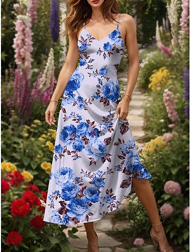  Damen Maxikleid Sommerkleid A Linie Kleid Unterkleid Urlaub Lässig Boho Strand Normale Passform Blumen Grafik Ärmellos V Ausschnitt Gelb Rote Blau Purpur Sommer Frühling