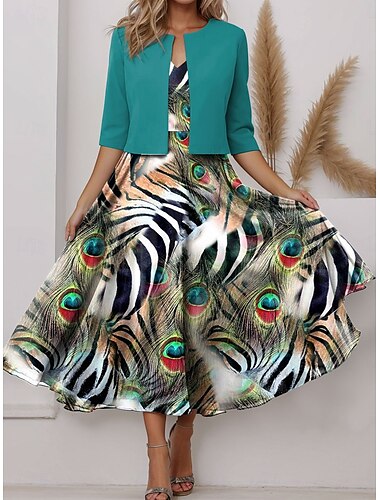  Damen Kleid-Set A Linie Kleid Sommerkleid Party Halbformelle Kleider Blumen Grafik Druck Midikleid Halbarm V Ausschnitt Party Hochzeitsgast Schwarz Blau Purpur Sommer Frühling Normale Passform