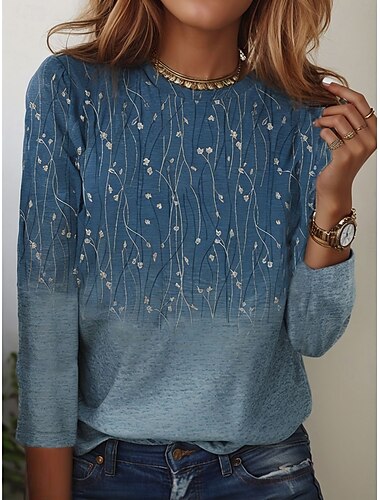  Damen T-Shirt elegant Mode Basic Blumendruck Langarm Normal Oberteile Rundhals Urlaub Wochenende Blau Fuchsia Grau Hellblau Herbst&amp; Winter