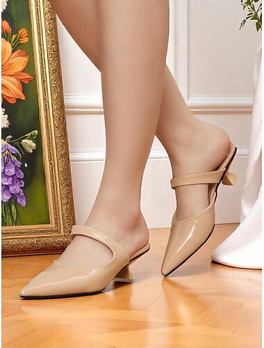 beige lakleren slingback pumps met spitse neus voor dames - comfortabele schoenen met een kleine hak voor dagelijks gebruik