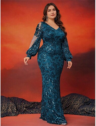  Meerjungfrau  Trompete Plus Size Kleider Elegantes Kurvenkleid Formelles Hochzeitskleid Bodenlang Langarm V-Ausschnitt Pailletten mit Pailletten 2025