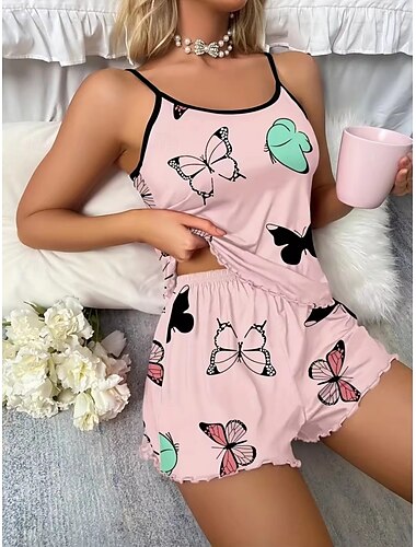  Damen Schlafanzug Set Lässig Komfort Schmetterling Elastischer Bund Trägertop Shorts Heim Täglich Langarm Träger Rosa Blau Beige Sommer Normale Passform