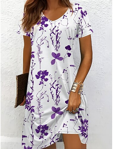  Damen Midikleid T-Shirt-Kleid Sommerkleid A Linie Kleid Urlaub Lässig Strand Strand Normale Passform Blumen Grafik Kurzarm V Ausschnitt Schwarz und Weiß Gelb Rote Blau Sommer Frühling