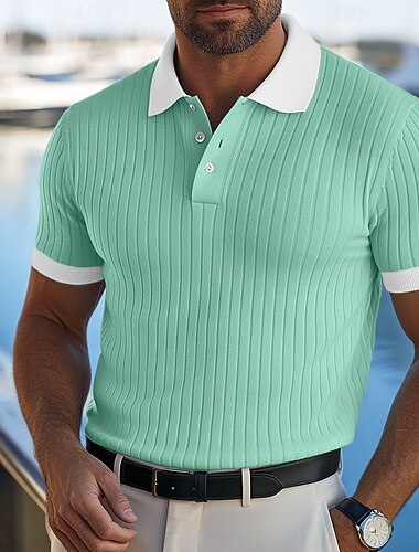  Herren Poloshirts Golfshirt Urlaub Ferien Revers Gerippter Polokragen Kurzarm Basic Modern Farbblock Texture Patchwork Knöpfe Sommer Frühling & Sommer Schlank Blau Poloshirts