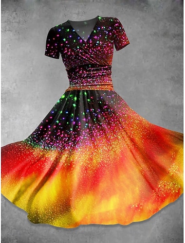  Damen Midikleid A Linie Kleid Sommerkleid Figurbetontes Kleid Party Lässig Täglich Ferien Normale Passform Grafik Farbblock Abstrakt Kurzarm V Ausschnitt Schwarz Orange Regenbogen Sommer