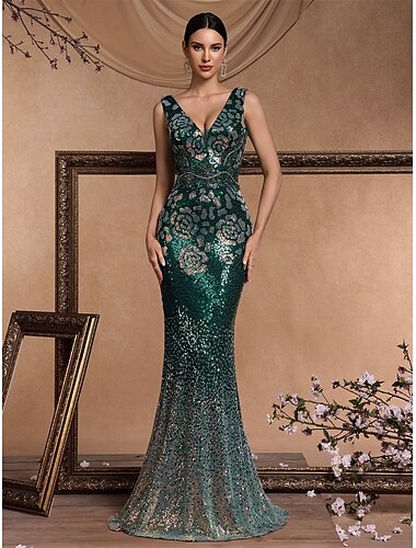  Τρομπέτα / Γοργόνα Φορέματα Quinceanera Κομψό Φόρεμα Επίσημο Γάμου Μακρύ Αμάνικο Λαιμόκοψη V Με πούλιες Εξώπλατο με Πούλιες 2025