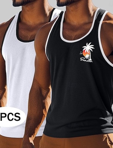  Homens Malha Íntima Top de colete camisa sem manga camisa muscular Sem Manga Gola Redonda Verão Coqueiro Esportes Moda Casual 2 Peças Multi-pack Imprimir Casual Praia Exército Verde + Cinza Verde e