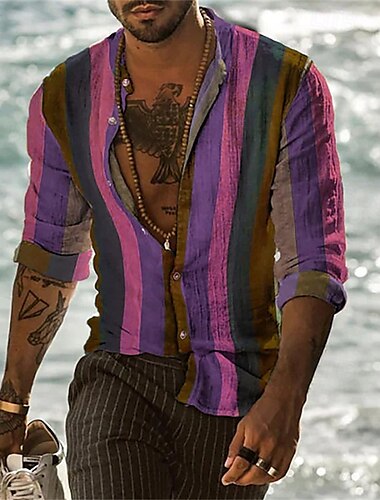  Herren Hemd Sommerhemd Freizeithemd Strandhemd Knopfhemd Hellgrün Rosa Rote Purpur Grün Langarm Streifen Revers Urlaub Hawaiianisch Bekleidung Polyester Mode Lässig Bequem