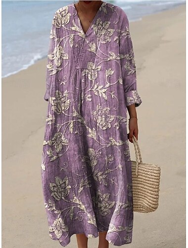  Damen Maxikleid Sommerkleid A Linie Kleid Urlaub Lässig Boho Party Ausgehen Strand Blumen Grafik Langarm V Ausschnitt Graues Grün Rosa Purpur cremefarben Sommer Frühling