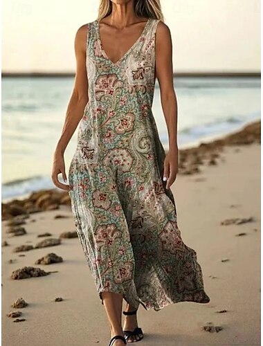  Dames Lange jurk maxi-jurk Casual jurk Tank-jurk Zomerjurk Afrikaanse Dagelijks Feestdagen Strand Normale pasvorm Bloemig Mouwloos V-hals Wijn Bordeaux Marineblauw blauw Zomer