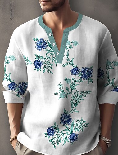  Herren Blumendruck Blumen Hemd Henley Hemd Tunika Langarm Lässig Outdoor Urlaub Täglich Sommer Frühling V Ausschnitt Knopf hoch 3D-Druck Leinenähnliches Hemd Weiß