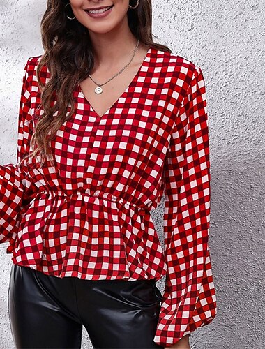  Damen Sommeroberteile Chiffon Tops Karomuster Täglich Stilvoll Basic Langarm Laternenärmel V Ausschnitt Normale Oberteile Arbeit Täglich Ferien Druck Rote Frühling Herbst