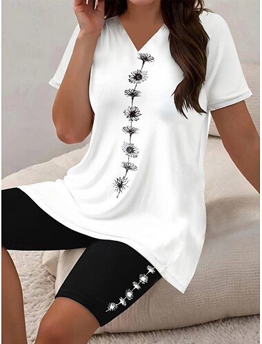  Femmes Mode T-shirt Ensembles de Shorts Manche Courte Col en V Graphique Dégradé Rayé Imprimé Décontracté Quotidien Noir Blanche Été Coupe Ample