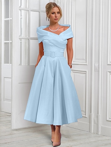  A-Linien-Cocktailkleider, elegantes Kleid, formelle Hochzeit, knielang, Midilänge, ärmellos, verstellbare Überknöpfe, schulterfrei, Satin mit Falten 2025