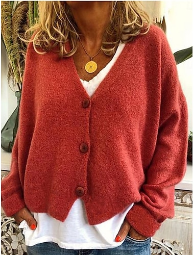  Mujer Pulóveres Cárdigan Elegante Moda Ropa de calle Color puro Escote en Pico Bolsillo De Punto Manga Larga Tops regulares Tejer Exterior Diario Fin de semana Negro Rojo Otoño Invierno