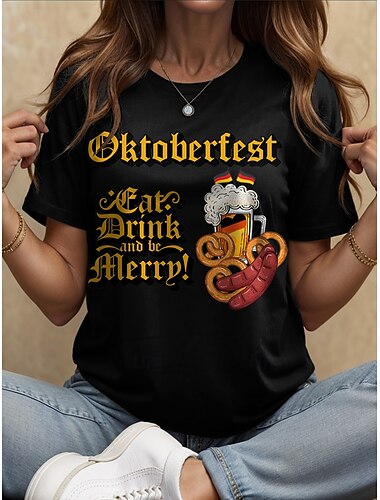  Oktoberfest Dámské Tričko Grafika Písmeno Vinobraní stylové Klasické Krátký rukáv Tričkový Kulatý Běžné topy Denní Víkend Tisk Černá Bílá Žlutá Rubínově červená Vodní modrá Léto Jaro