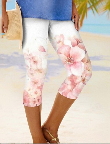  Damen Leggings Anti-Scheuer-Shorts Mode Streetwear Wadenlang Natürliche Taille Blume Elastischer Bund Atmungsaktiv Bequem Dehnbar Alltagskleidung Festival Weiß Gelb Rosa Blau Sommer Schmale Passform