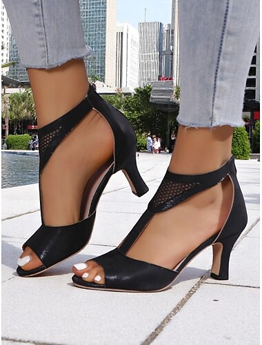  Schwarze Peep-Toe-Sandalen aus Mesh mit hohem Absatz und Cutout-Design für Damen – stylische, atmungsaktive Absätze für lässige Verabredungen und Sommerausflüge