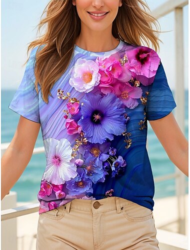  Damen T Shirt Blumen Grafik Pflanzen Vintage Stilvoll Klassisch Kurzarm Rundhalsausschnitt Rundhals Normale Oberteile Täglich Druck Schwarz und weiss Gelb Blau Purpur Fuchsie Sommer Frühling