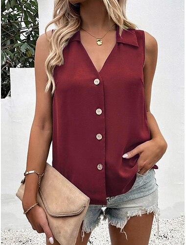  Damen Camisole-Tanktop Einfarbig Täglich Stilvoll Lässig Ärmellos Hemdkragen Normale Oberteile Täglich Knöpfe Schwarz Weiß Wein Blau Grün Sommer