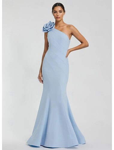  Abito Sirena  Tromba da Sera Elegante Vestito Cerimonia Ospite di Matrimonio Lunghezza Pera Senza Maniche Una Spalla Crepe Elasticizzato con Plissettature