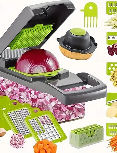  16-in-1 manuelles Gemüseschneider-Set mit Klingen, Behälter, Hobel &Filter, Zwiebel-Karotten-Knoblauchschneider, Küchenhelfer zum Kochen, Vatertagsgeschenk