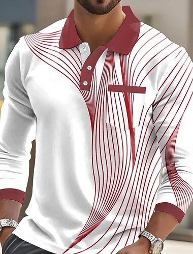  Herren Geometrisch Polo Langarm Polo-Shirts Hemden mit Kragen Business-Casual Geschäft Athleisure Alltagskleidung Knöpfe Tasche 3D-Druck Frühling Herbst Winter Rote Blau Grün