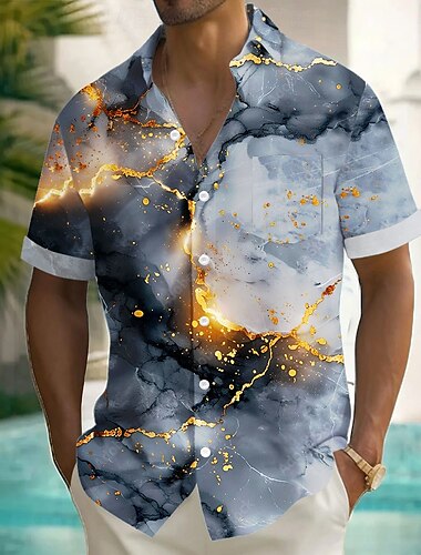  Herren Geometrisch Marmor Abstrakte Kunst Hemd Sommerhemd Knopfhemd Kurzarm Modisch lässig Urlaub Ferien Streetwear Sommer Umlegekragen 3D-Druck Eine Tasche vorne Leinenähnliches Hemd Grau